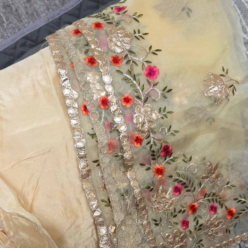 Embroidered Floral Scarf in Gold and Pink